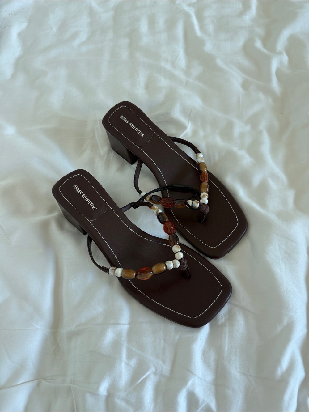 Urban Outfitters Brown Beaded Mid Block Heel Thong Sandals